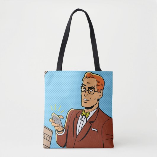 Comic Man met een mobiele telefoon Tote Bag (Voorkant)