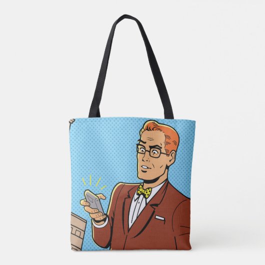 Comic Man met een mobiele telefoon Tote Bag (Achterkant)