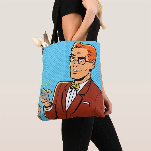Comic Man met een mobiele telefoon Tote Bag