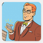 Comic Man met een mobiele telefoon Vierkante Sticker (Voorkant)