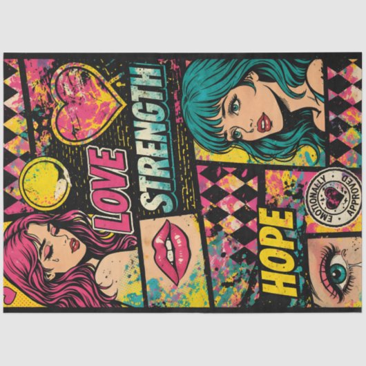 Comic Pop Art Decoupage Paper Love Strength Hope Tissuepapier (Voorkant)