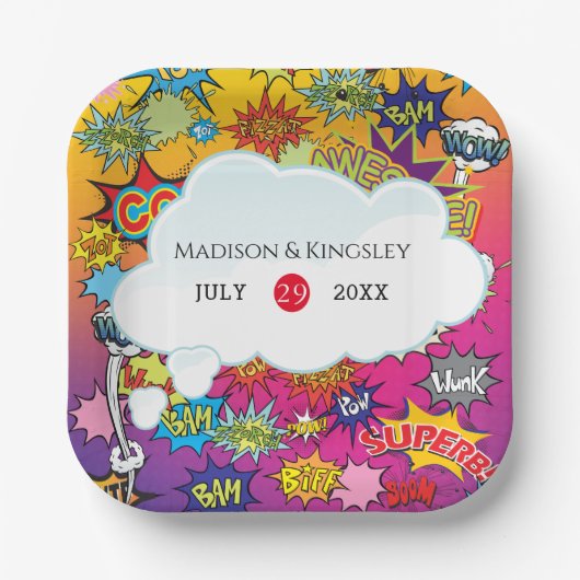 Comic Pop Art 💥🎨 Huwelijksgraffiti Papieren Bordje (Voorkant)