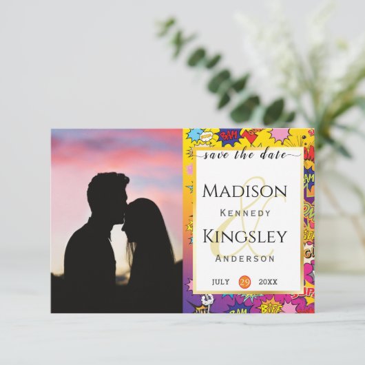 Comic Pop Art Speech Bubble Retro Save the Date (Staand voorkant)