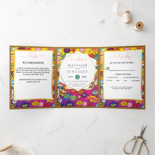 Comic Pop Art 💥🎨 Speech Bubble Wedding Graffiti Drieluik Uitnodiging (Binnen)