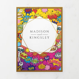 Comic Pop Art 💥🎨 Speech Bubble Wedding Graffiti Drieluik Uitnodiging