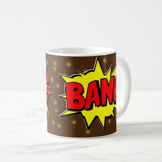 Comic Pop Art Yellow Red BANG Brown Stars Novelty Koffiemok (Voorkant rechts)
