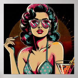 Comic Retro Pinup Meisje met een Cocktail Poster