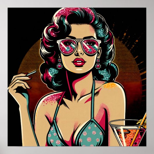 Comic Retro Pinup Meisje met een Cocktail Poster (Voorkant)