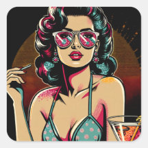 Comic Retro Pinup Meisje met een Cocktail Verjaard