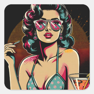 Comic Retro Pinup Meisje met een Cocktail Verjaard Vierkante Sticker