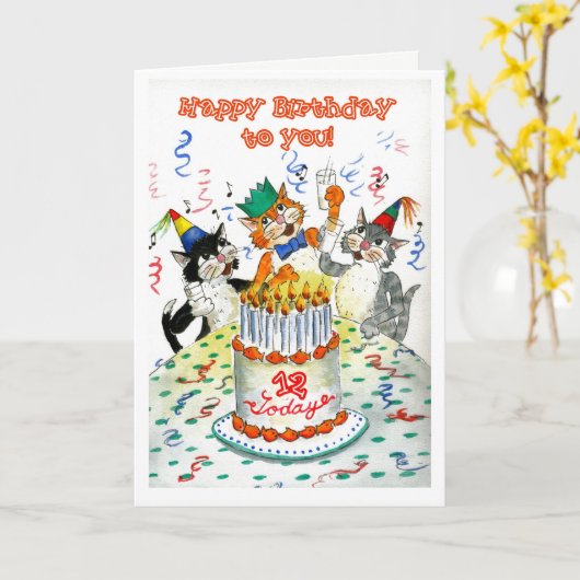 Comic Singing Cats Leeftijdsgebonden 12e verjaarda Kaart (Gele Bloem)