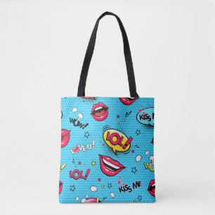 Comic speech belbles en vrouw lippen met verschill tote bag