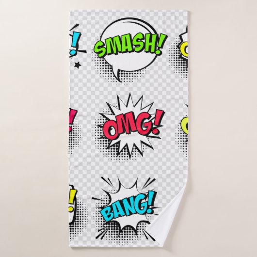 Comic speech belletjes met halftoonschaduw en teks badhanddoek (Badhanddoek)