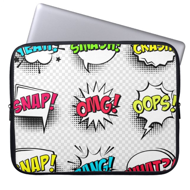 Comic speech belletjes met halftoonschaduw en teks laptop sleeve (Voorkant)
