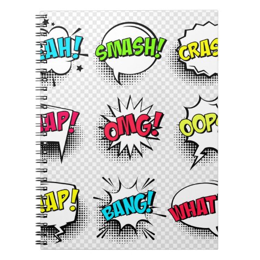 Comic speech belletjes met halftoonschaduw en teks notitieboek (Voorkant)