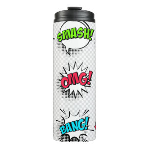 Comic speech belletjes met halftoonschaduw en teks thermosbeker