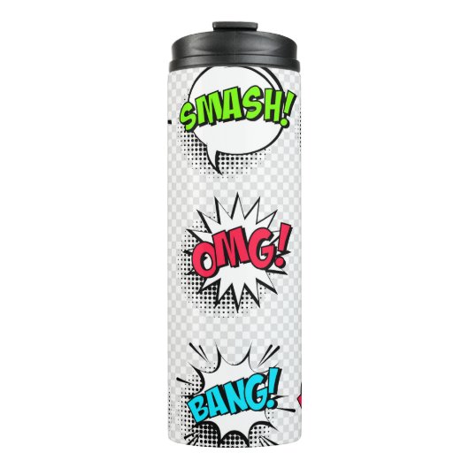 Comic speech belletjes met halftoonschaduw en teks thermosbeker (Voorkant)