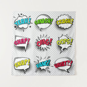 Comic speech belletjes met halftoonschaduw en teks wandkleed