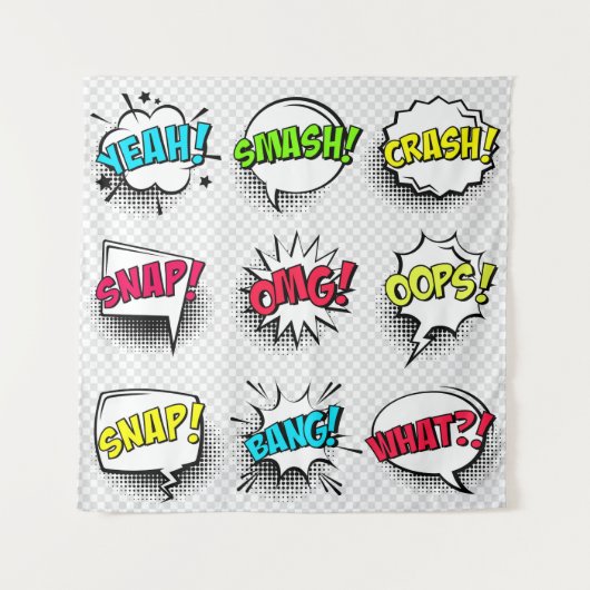 Comic speech belletjes met halftoonschaduw en teks wandkleed (Voorkant)