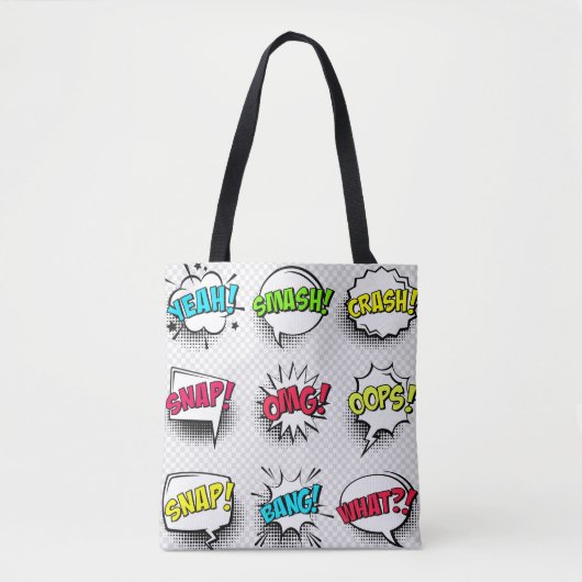 Comic speech bubbles with halftone shadow and text tote bag (Voorkant)
