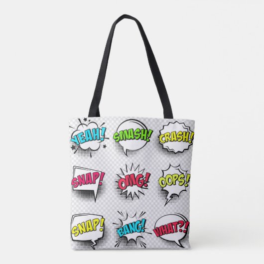 Comic speech bubbles with halftone shadow and text tote bag (Achterkant)