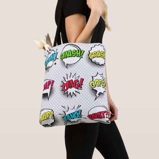 Comic speech bubbles with halftone shadow and text tote bag (Dichtbij)