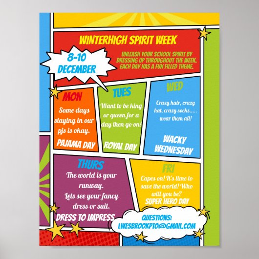COMIC Spirit week school flyer SUPER HELD Poster (Voorkant)