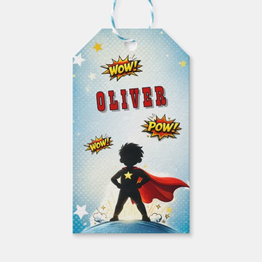 Comic Stijl Superheld Jonge Naam Verjaardag Cadeaulabel (Voorkant)