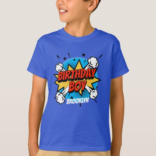Comic stijl Verjaardag Jongen typografie splash T-shirt (Voorkant)