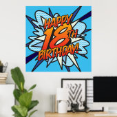 Comic strip HAPPY 18DE VERJAARDAG! blauw Poster (Thuiskantoor)