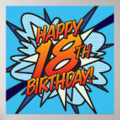 Comic strip HAPPY 18DE VERJAARDAG! blauw Poster (Voorkant)