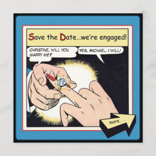 Comic Style Bling Ring Save the Date Blue
