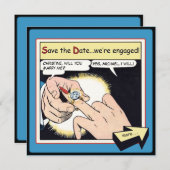 Comic Style Bling Ring Save the Date Blue (Voorkant / Achterkant)