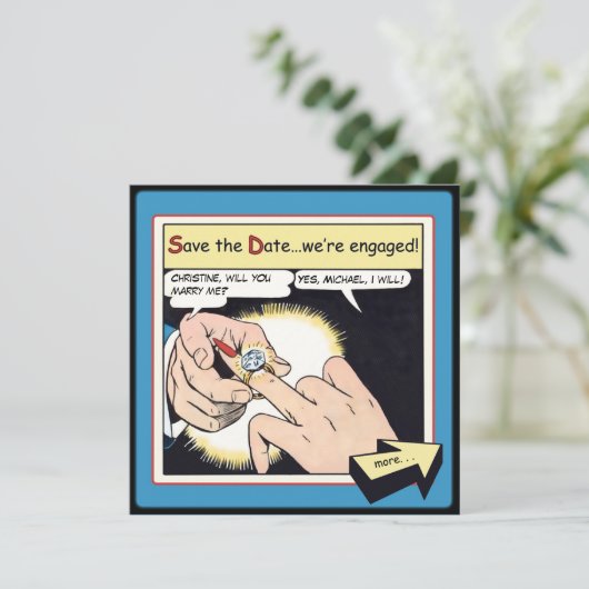 Comic Style Bling Ring Save the Date Blue (Staand voorkant)