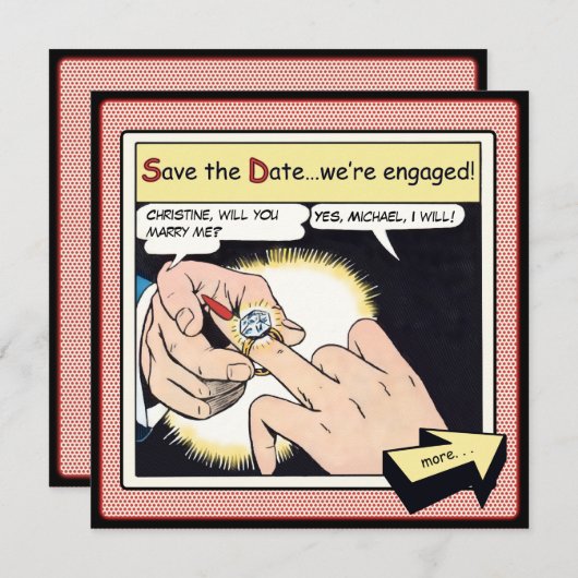 Comic Style Bling Ring Save the Date Red (Voorkant / Achterkant)