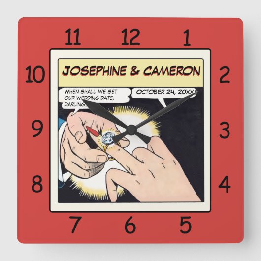 Comic Style Bling Ring Weddensklok Rood Vierkante Klok (Voorkant)