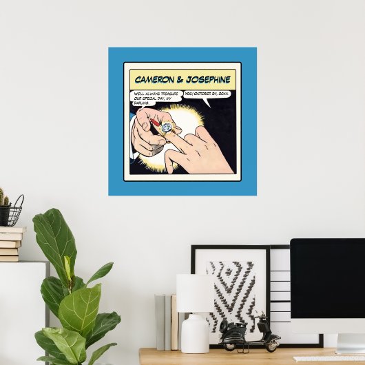 Comic Style Bling Ring Wedding Blue Poster (Thuiskantoor)