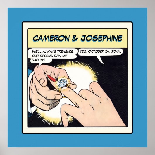Comic Style Bling Ring Wedding Blue Poster (Voorkant)