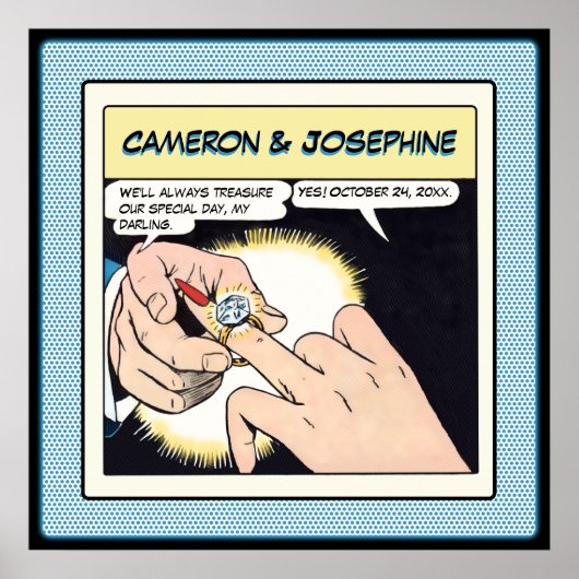 Comic Style Bling Ring Wedding Blue Stippen Poster (Voorkant)