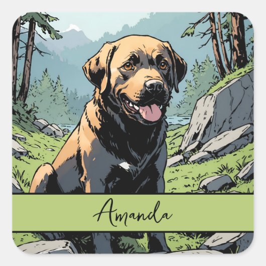 Comic Style Brown Labrador in Natuur Vierkante Sticker (Voorkant)