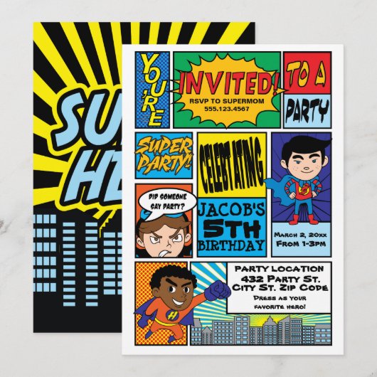 Comic Style Hero Verjaardag Uitnodigingen (Voorkant / Achterkant)