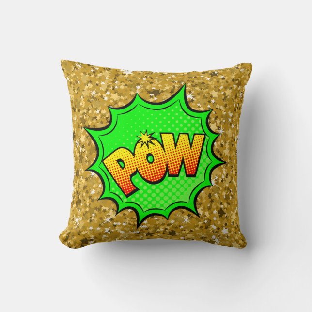 Comic Style Pop Art Retro Green Yellow Gold POW Kussen (Voorkant)
