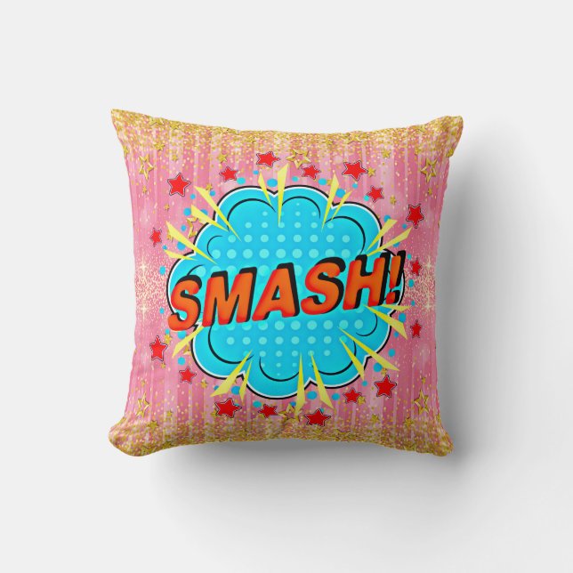 Comic Style Pop Art Retro Pink Aqua Oranje SMASH Kussen (Voorkant)