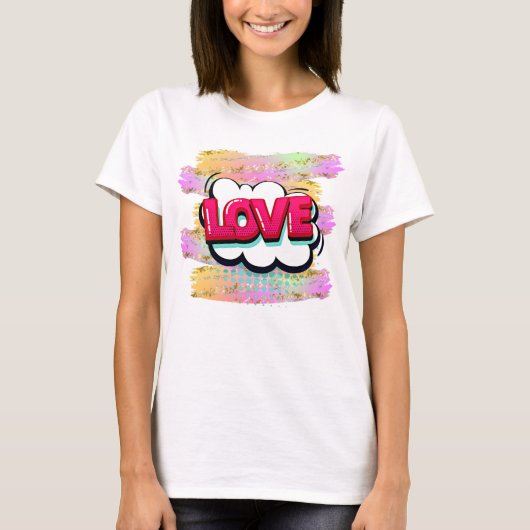 Comic Style Pop Art Retro Pink LOVE Glitter Brush T-shirt (Voorkant)