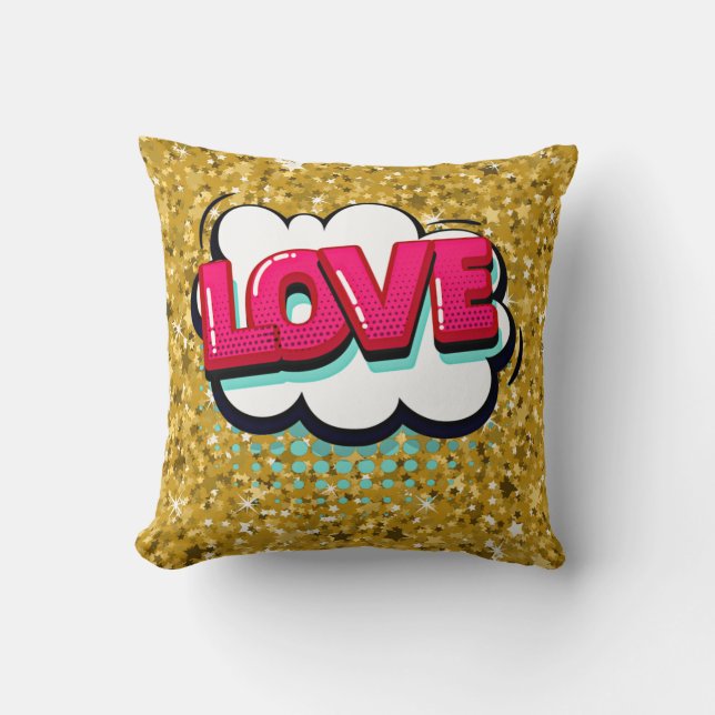Comic Style Pop Art Retro Stars roze liefdestekst  Kussen (Voorkant)