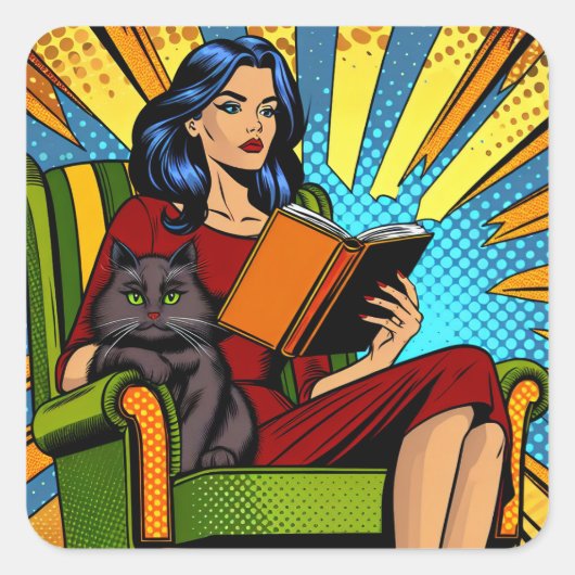 Comic Style Pop Kunst Vrouw Lezen en Kat Vierkante Sticker (Voorkant)
