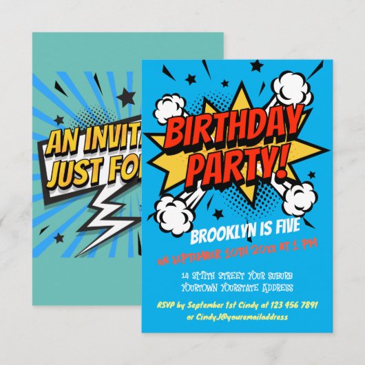Comic style splash callout verjaardagsuitnodiging kaart (Voorkant / Achterkant)