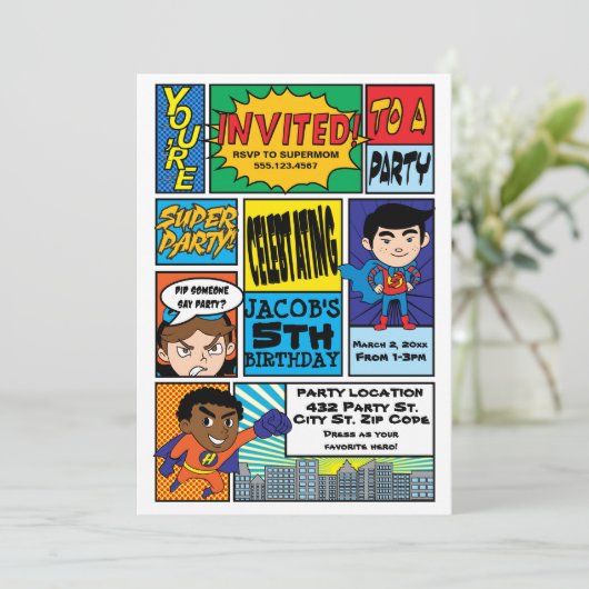 Comic Style Superheld Birthday-uitnodigingen Kaart (Staand voorkant)