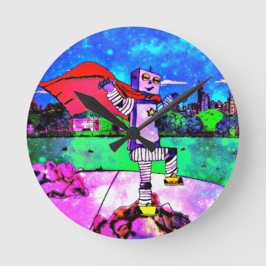 Comic Style Superheld Robot uit de buitenruimte! Ronde Klok (Voorkant)