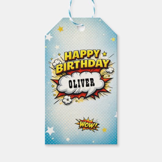 Comic Style Superhero Boy's Name Birthday  Cadeaulabel (Voorkant)